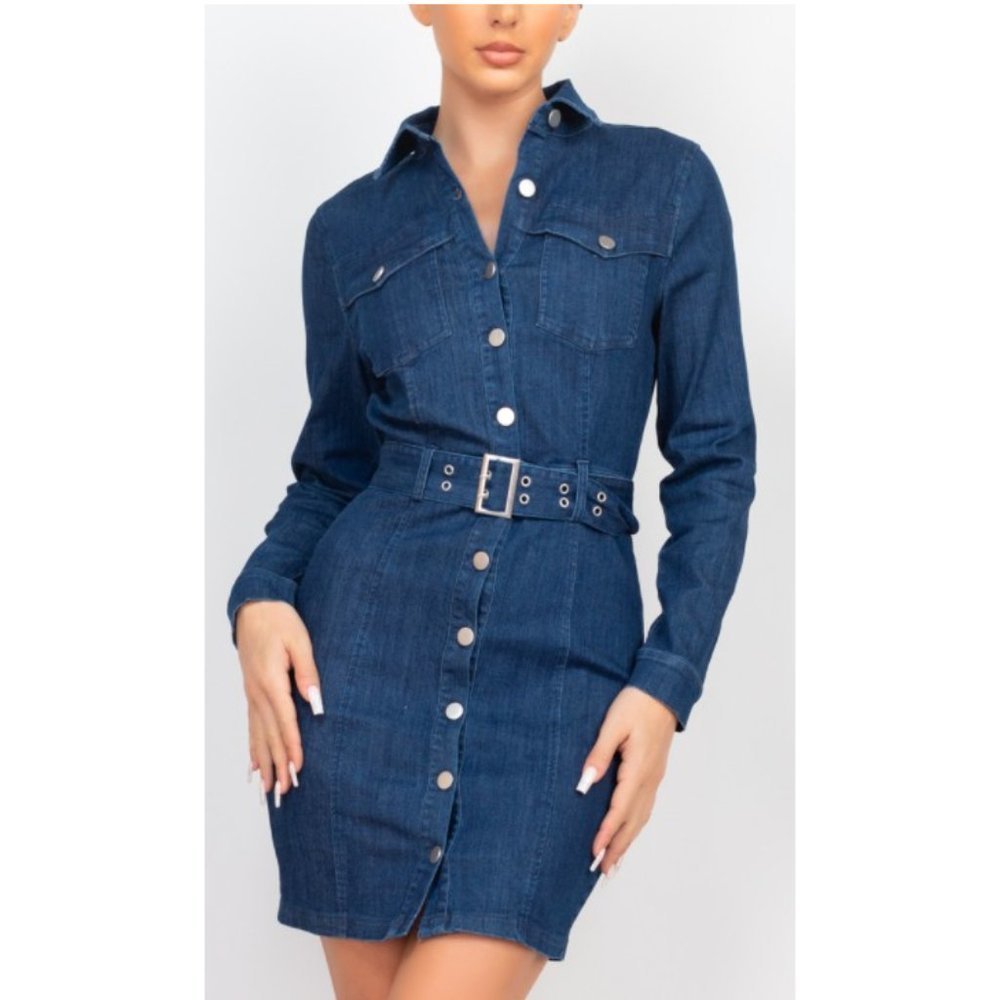 🆕 Button-Accented Belted Denim Shirt Dress